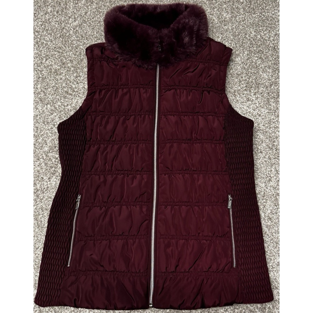 Calvin Klein Faux Fur Collar Puffer Vest Womens Medium Quilted Full Zip Burgundy